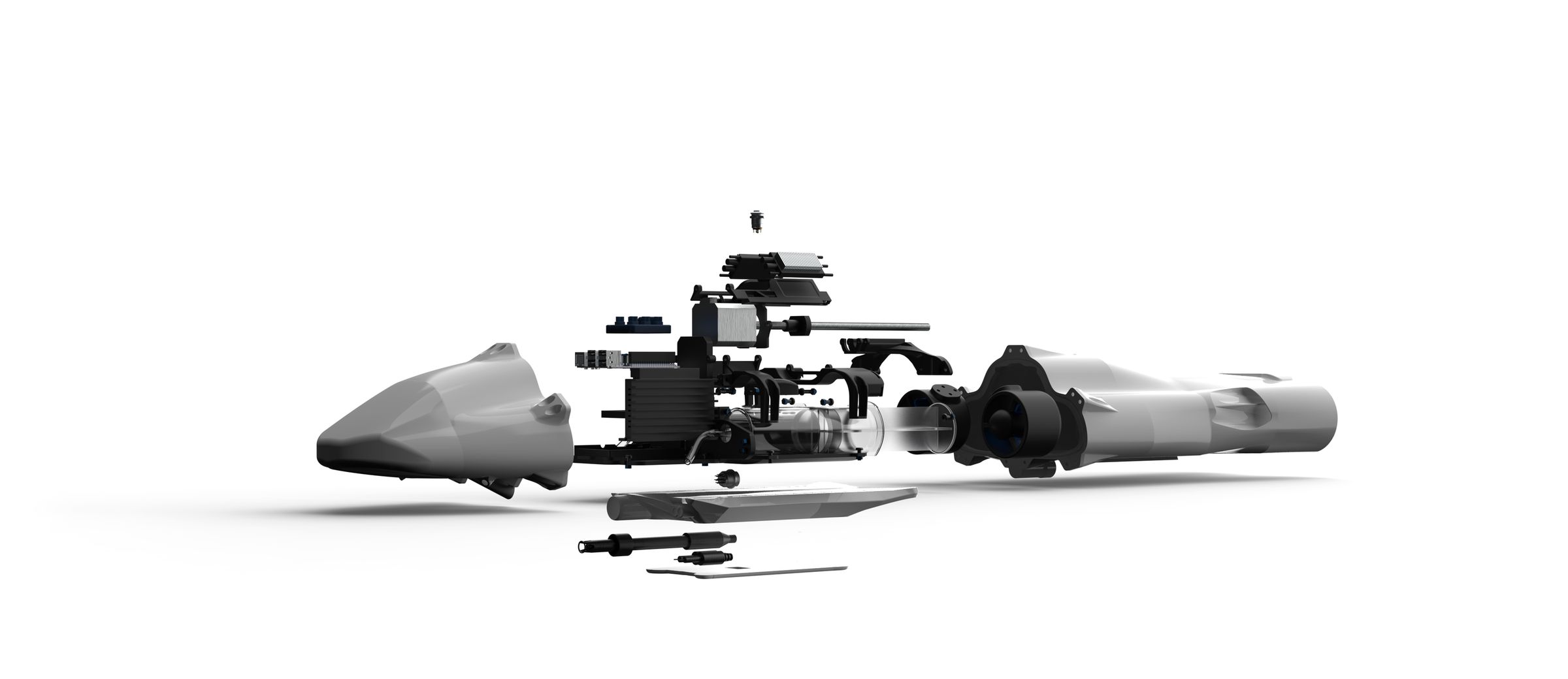 Exploded assembly of Dowr-1, an autonomous underwater vehicle, showing hull sections, electronics tray and thrusters